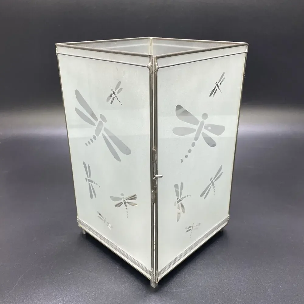 HTF Dragonfly Lantern Frosted Glass With Metal Edges Etched Design Candle Holder